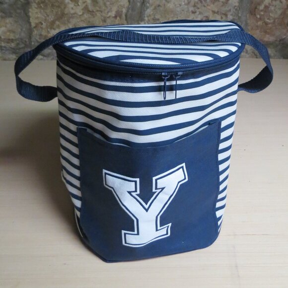 New "Y" Round Insulated Carry Cooler Tote YALE UNIVERSITY Blue & White stripe - Picture 6 of 7